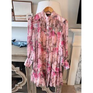 Alex Marie Lana Floral Print Long Puffed Sleeve Mock Neck Tiered Hem Dress Size